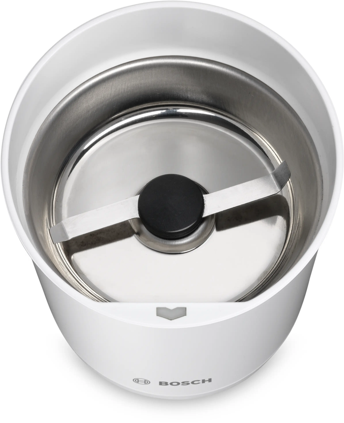 Bosch kitchen grinder with white base and metallic top on a white background