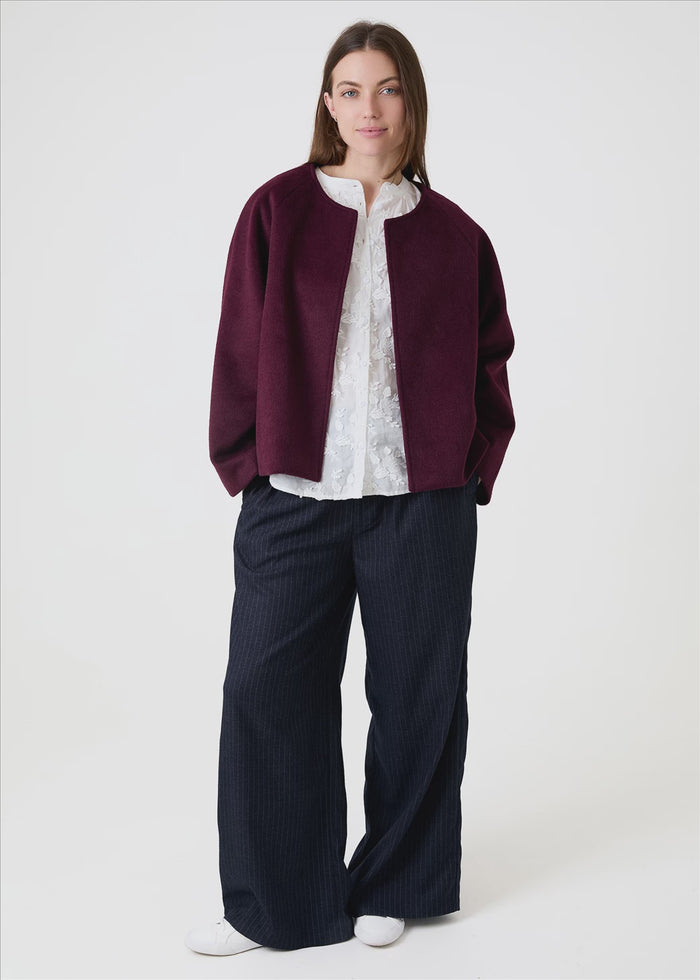 Boxy Round Neck Raglan Jacket - Berry