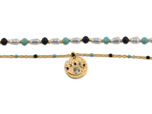 Casis Gold Set Of Two Anklets - Navy & Turquoise