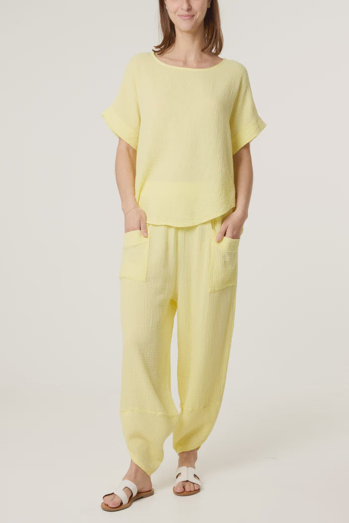 Cheesecloth Top & Barrel Leg Trouser Set - Lemon