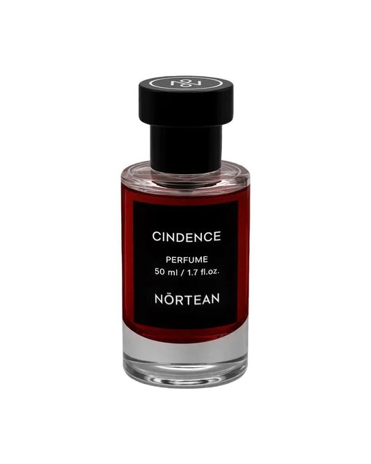 Perfume bottle labeled 'Cindence' by 'Nortean' on a black background