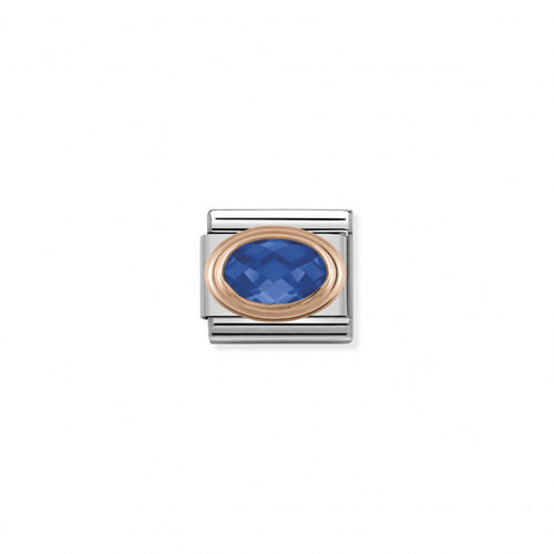 Classic Link 9K Rose Gold Faceted Cubic Zirconia Blue Stone Charm