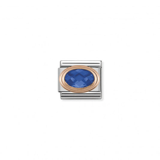 Classic Link 9K Rose Gold Faceted Cubic Zirconia Blue Stone Charm