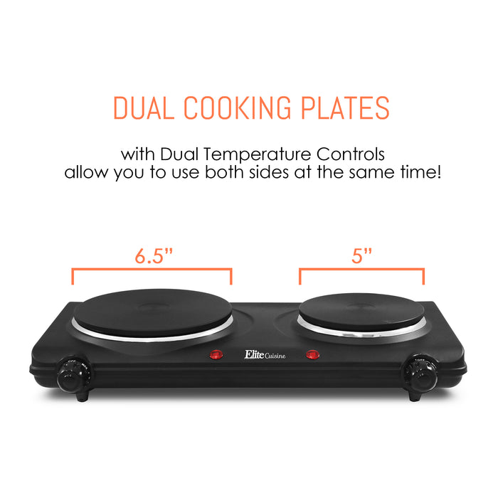 Dual Cooking Plates with Dual Temperature Controls allow you to use both sides at the same time!  Diameter of heating plates:  6.5" Diameter on Large Plate.  5" Diameter on Small Plate.