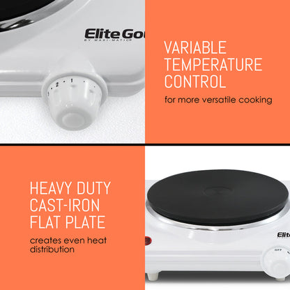 Variable temperature control for more versatile cooking.  Heavy duty cast-iron flat plate creates even heat distribution.