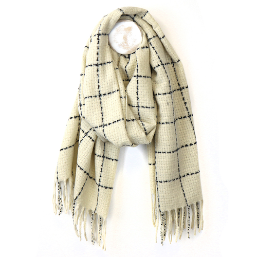 Cream Fine Check Fringed Winter Scarf
