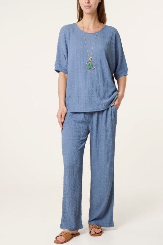 Crinkle Fabric Trouser Co-Ord - Denim
