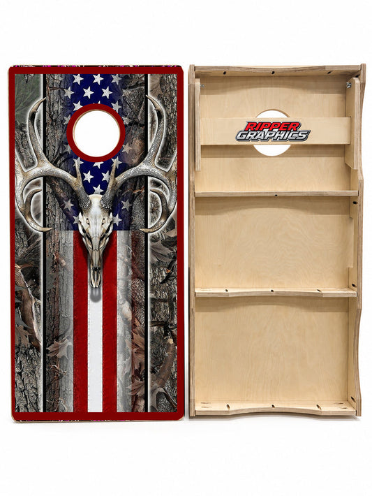 Deer Skull American Flag Cornhole Design