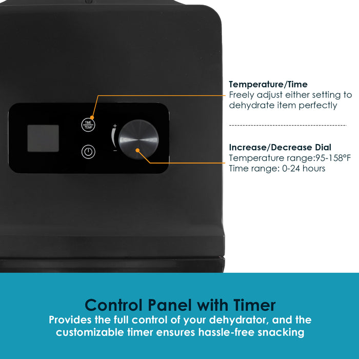 Temperature/Time: Freely adjust either setting to dehydrate item perfectly.  Increase/Decrease Dial: Temperature range: 95-158F.  Time range: 0-24 hours.  Control Panel with Timer.  Provides the full control of your dehydrator, and the customizable timer ensures hassle-free snacking.
