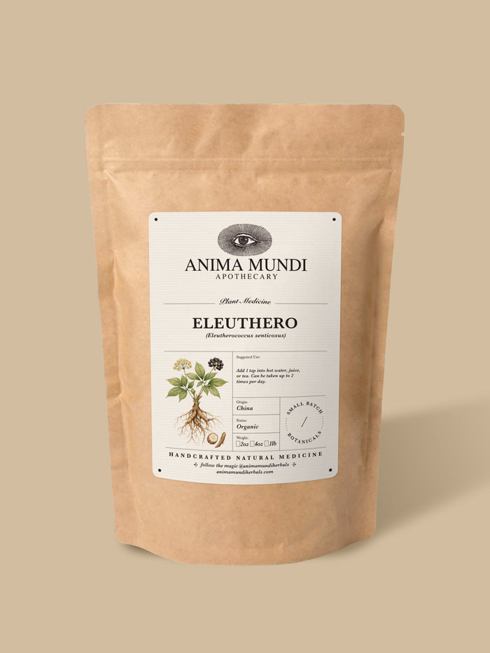 A kraft paper stand-up pouch of Anima Mundi Apothecary Eleuthero herbal supplement, shown on a solid beige background.