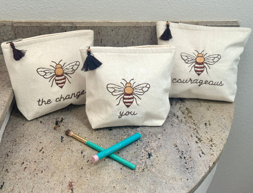 Embroidered Bee Canvas Cosmetic Bags - Bee You, Bee Courageous, Bee The Change - Handmade by Survivors