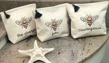 Embroidered Bee Canvas Cosmetic Bags - Bee You, Bee Courageous, Bee The Change - Handmade by Survivors