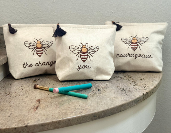 Embroidered Bee Canvas Cosmetic Bags - Bee You, Bee Courageous, Bee The Change - Handmade by Survivors