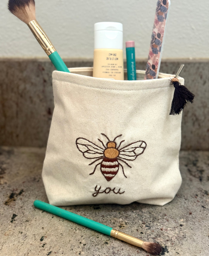 Embroidered Bee Canvas Cosmetic Bags - Bee You, Bee Courageous, Bee The Change - Handmade by Survivors