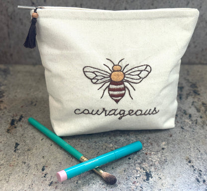 Embroidered Bee Canvas Cosmetic Bags - Bee You, Bee Courageous, Bee The Change - Handmade by Survivors
