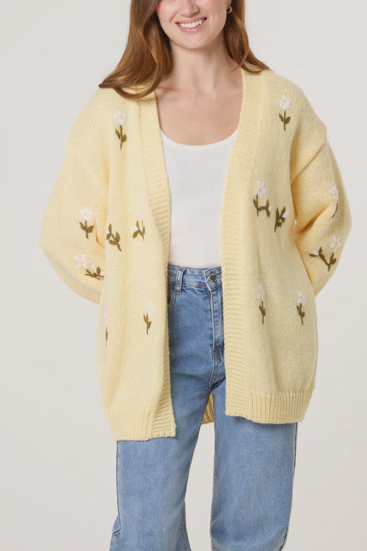 Floral Embroidery Knitted Cardigan - Lemon
