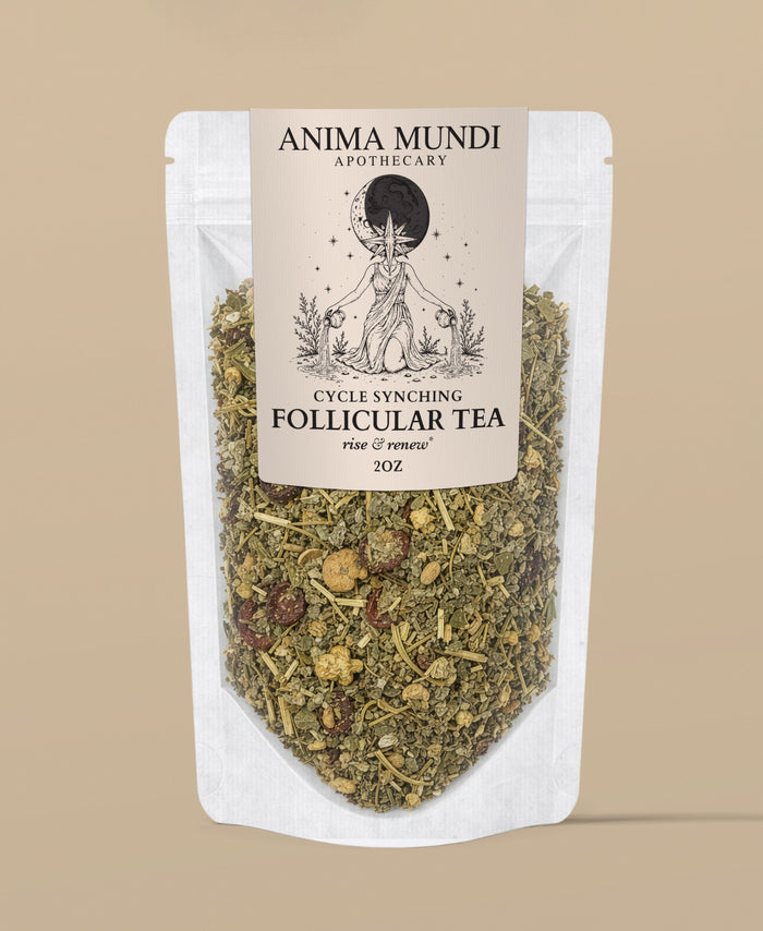 A stand-up pouch of Anima Mundi Apothecary Cycle Synging Follicular Tea, showing the dried herbal blend through a clear lower section of the white pouch against a solid beige background.