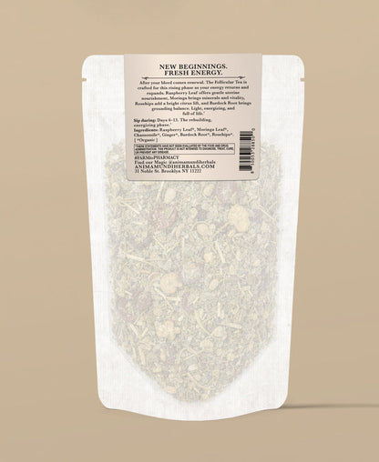 A stand-up resealable pouch of loose herbal tea on a solid beige background. The pouch is mostly clear, showing pale green and beige dried herbs inside, with a white label at the top containing product details and a barcode.