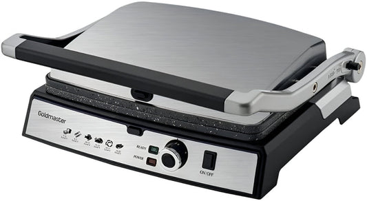 Black and silver sandwich press with visible brand name on a white background