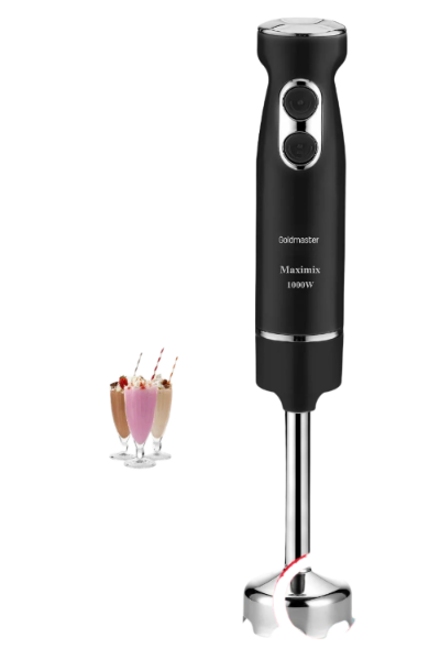 Black handheld blender with a bowl of soup and smoothies on a white background