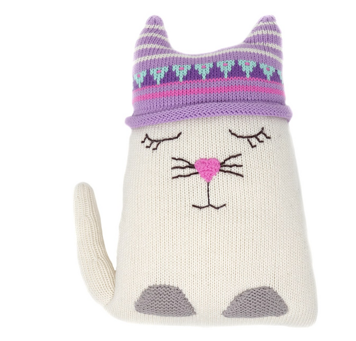 White Cat Stuffed Animal Pillow, Hand Knit, Fair trade - Give Back Goods