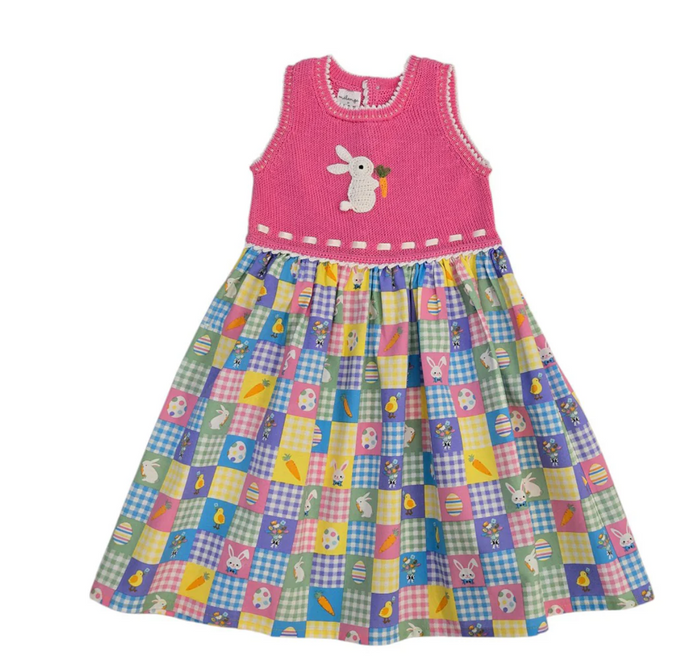 Hand Knit Cotton Easter Spring Gingham Bunny Dress for toddlers, Fair Trade