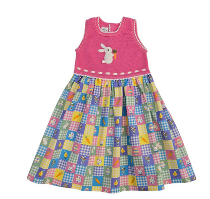 Hand Knit Cotton Easter Spring Gingham Bunny Dress for toddlers, Fair Trade