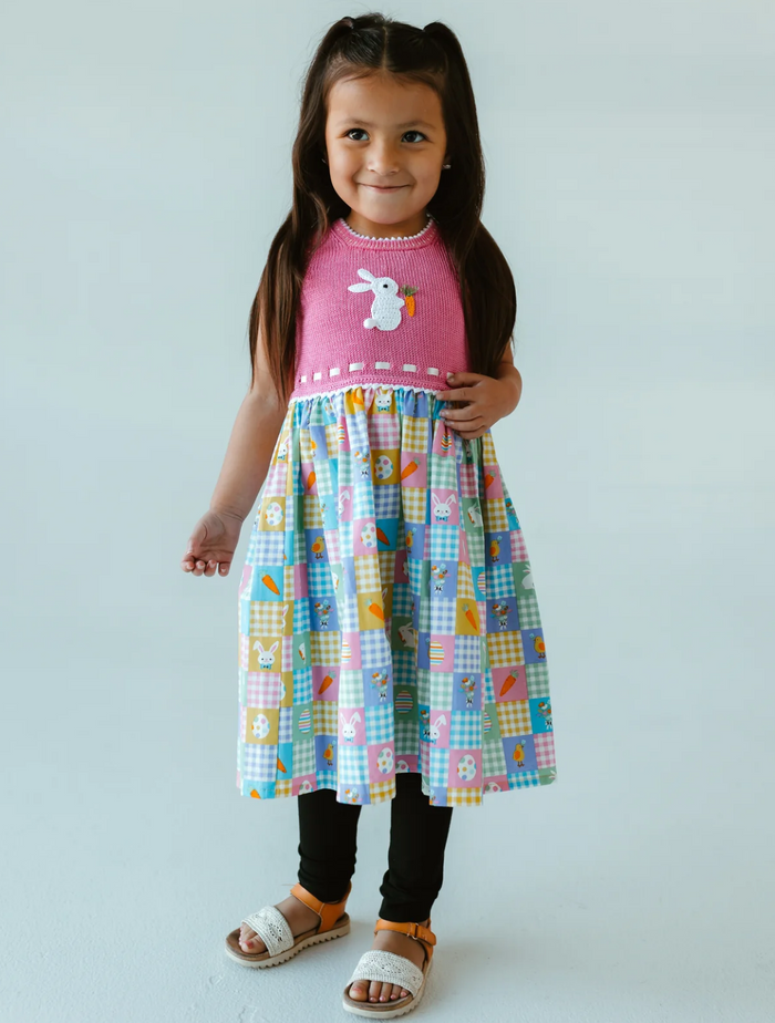 Hand Knit Cotton Easter Spring Gingham Bunny Dress for toddlers, Fair Trade