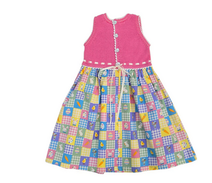 Hand Knit Cotton Easter Spring Gingham Bunny Dress for toddlers, Fair Trade