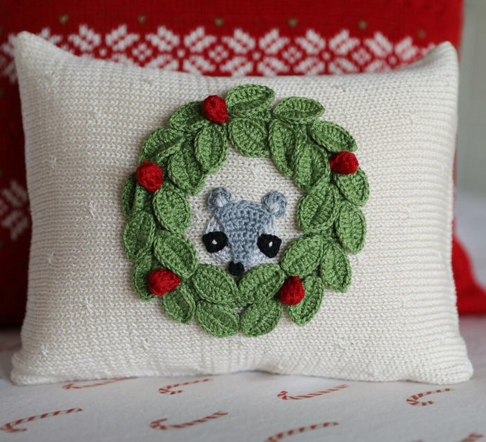 Hand Knit Racoon Mini Christmas Pillow, Fair Trade