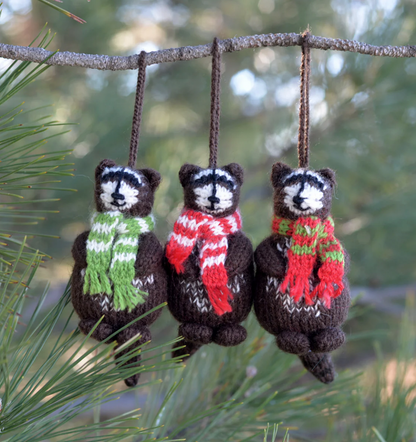 Hand-Knit set of 3 Racoon Ornaments, Fair Trade from Peru