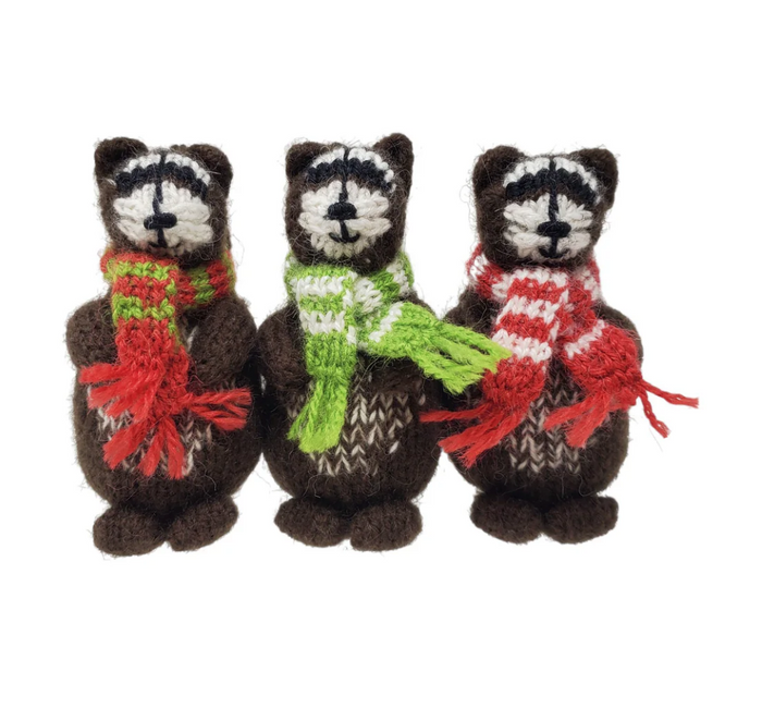 Hand-Knit set of 3 Racoon Ornaments, Fair Trade from Peru