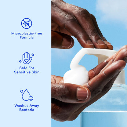 A person dispenses foaming soap from a Hand Soap Starter 2-Pack bottle. Icons and text highlight: Microplastic-Free Formula, Safe For Sensitive Skin, Washes Away Bacteria—perfect with reusable glass dispensers.