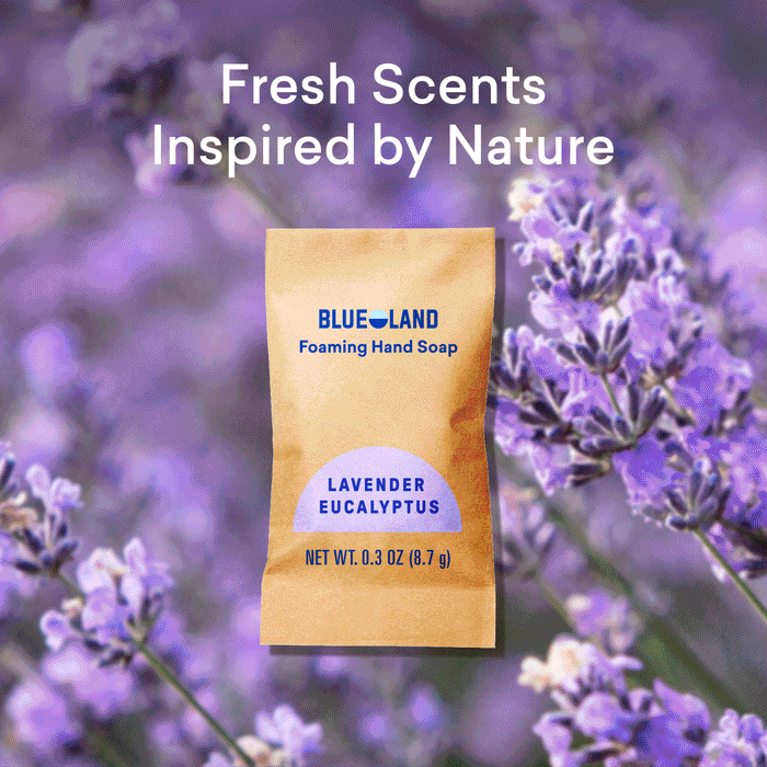The Hand Soap Starter 2-Pack in Lavender Eucalyptus is displayed among blooming lavender flowers, with the phrase “Fresh Scents Inspired by Nature” and a focus on sustainable, plastic-free hand soap tablets.