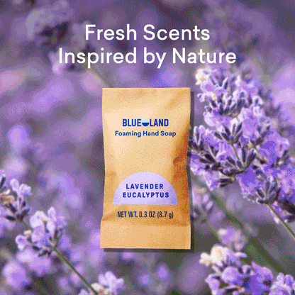 The Hand Soap Starter 2-Pack in Lavender Eucalyptus is displayed among blooming lavender flowers, with the phrase “Fresh Scents Inspired by Nature” and a focus on sustainable, plastic-free hand soap tablets.