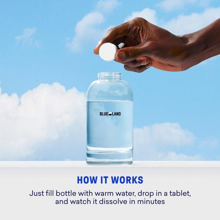 A hand drops a Hand Soap Starter 2-Pack tablet into a clear bottle of water against a blue sky. How it works: fill the bottle with warm water, drop in a tablet, and watch it dissolve into foaming hand soap.