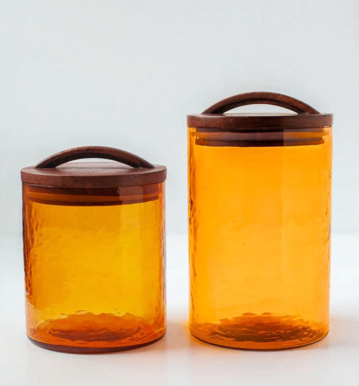 Handblown Hammered Glass Canisters With Wood Lid, Recycled, Ethically Made