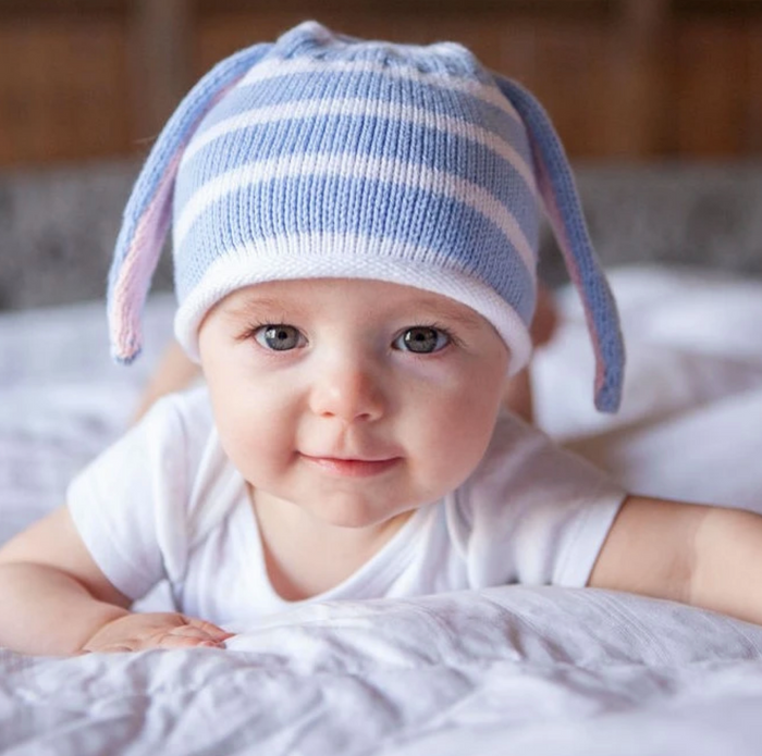 Handmade Knit Striped white & Blue Baby/ Toddler Bunny Ear Hat - Fair Trade