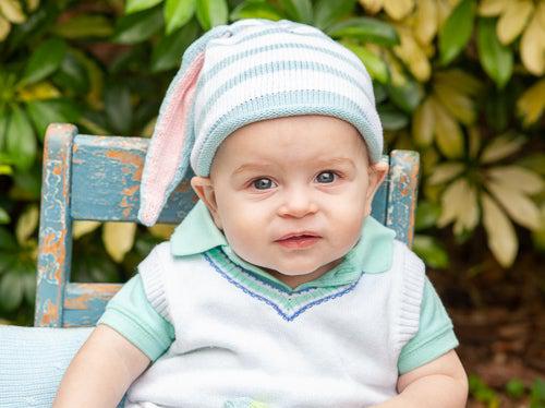 Handmade Knit Striped white & Blue Baby/ Toddler Bunny Ear Hat - Fair Trade - Give Back Goods