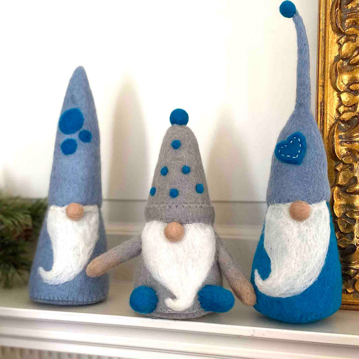 Handmade Set of 3 Winter Blues Felt Gnomes, Fair Trade, Nepal