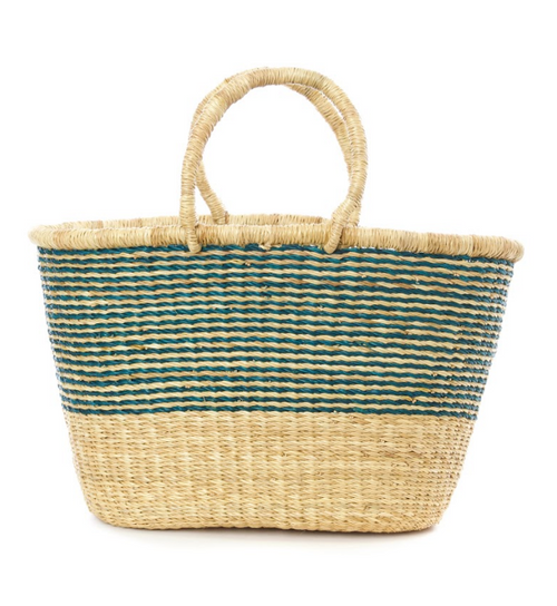 Handwoven Bolga Aqua Striped Tote Basket, Fair Trade & Eco-Friendly