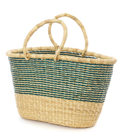 Handwoven Bolga Aqua Striped Tote Basket, Fair Trade & Eco-Friendly