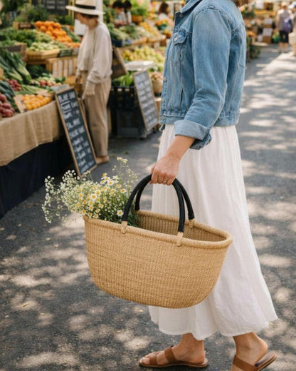 Handwoven Oval Market Basket with Leather Handles