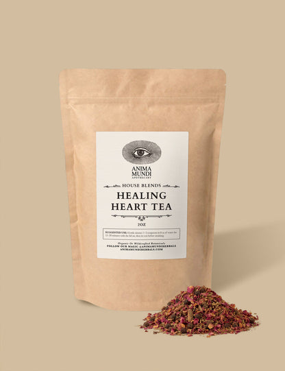 Healing Heart Tea package with loose tea on a beige background