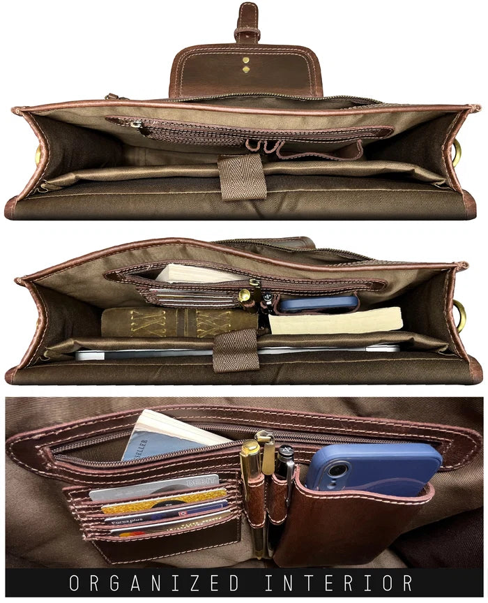 Hunter Buffalo 16" Classic Leather Satchel Briefcase Bag (Walnut Brown)