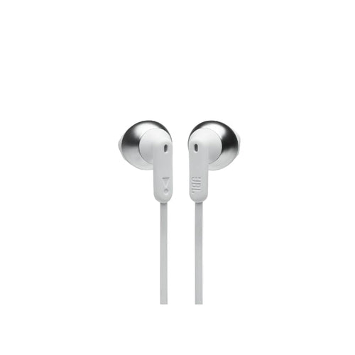 Pair of silver in-ear headphones on a white background
