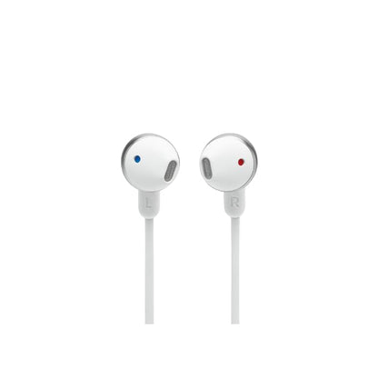 White earbuds with visible brand logo on a white background