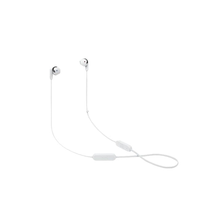 White wireless earbuds with a charging cable on a white background