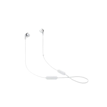 White wireless earbuds with a charging cable on a white background