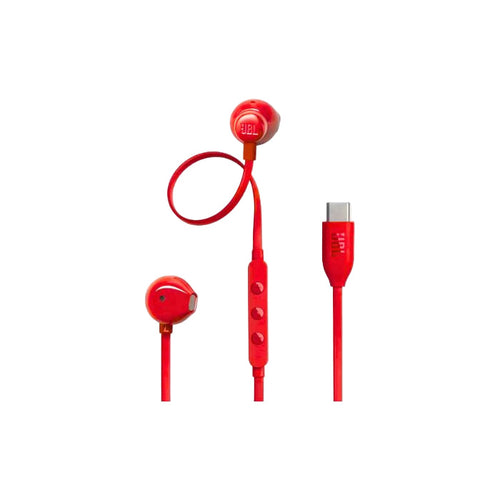 Red JBL earbuds with cable on a white background